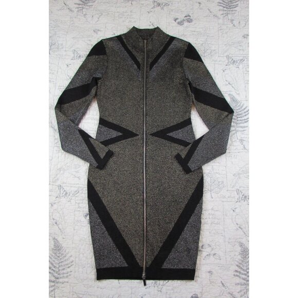 Karen Millen Metallic Bandage Knit Bodycon Dress Front Zip Gold Black UK S 4-6 - Picture 2 of 16